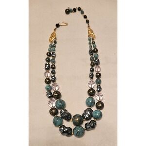 Japan‎ Vintage Beaded Necklace Two Strand Turquoise Gold Accent Fashion Jewelry